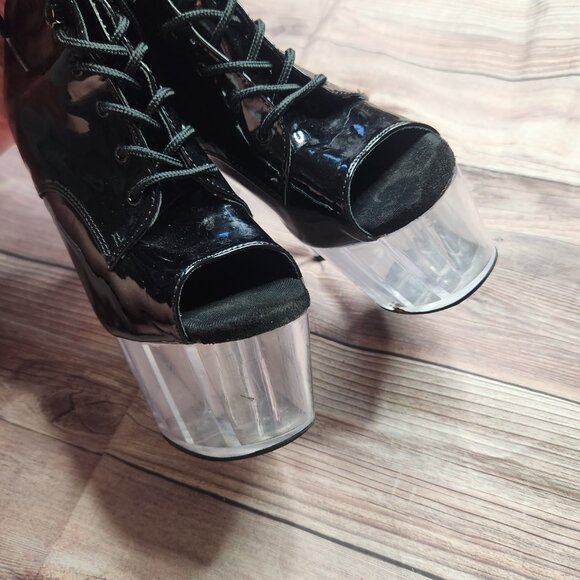 Pleaser Adore Black Clear Open Toe Lace Up platform Boots - Picture 5 of 10